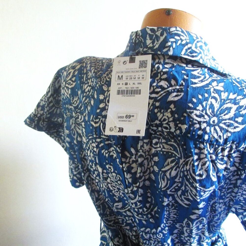 ZARA 100% Cotton Floral Blue Midi Dress Medium Button Front Belt Paisley Print - Picture 11 of 12